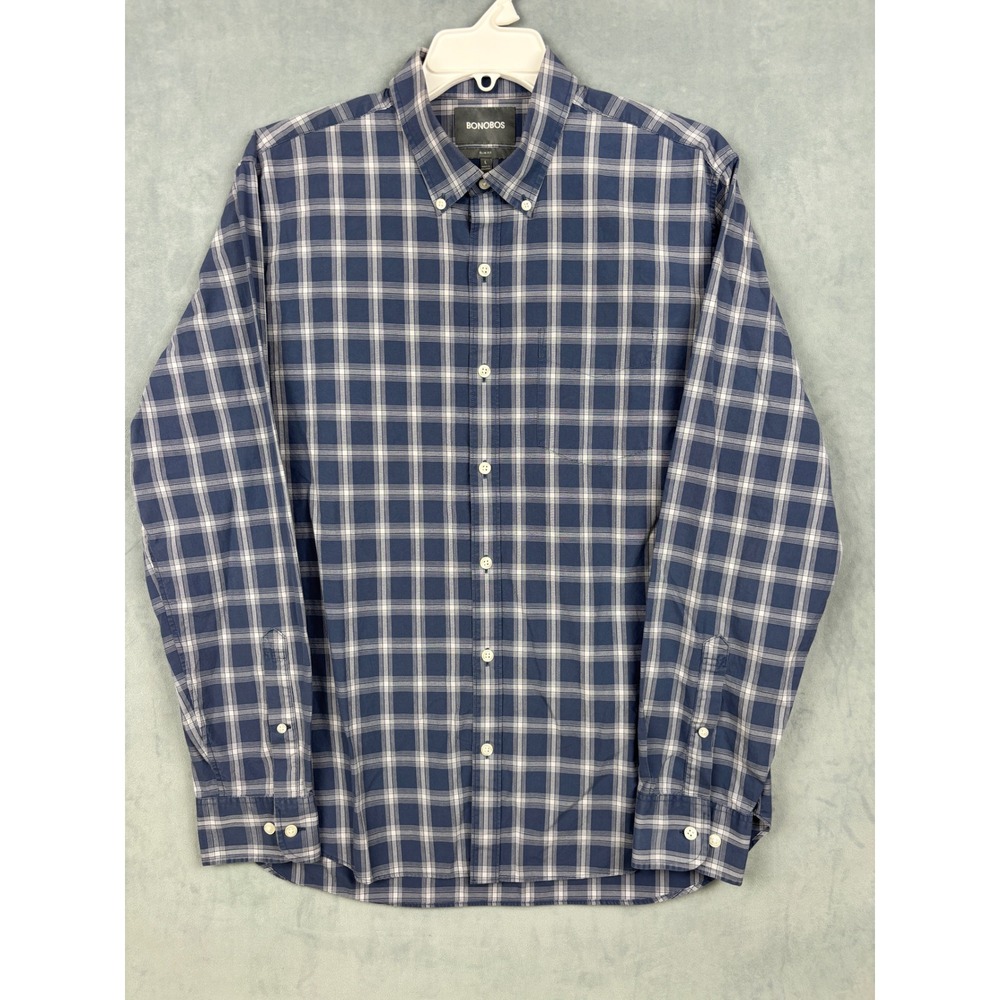 Bonobos Mens Slim Fit Blue Plaid Long Sleeve Button Down Shirt Large 21733-BMA11